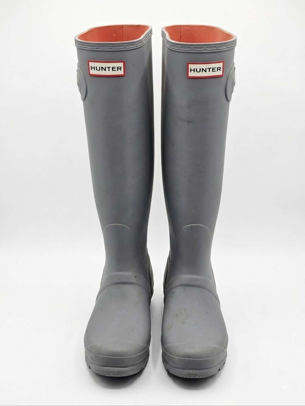 Hunter Original Tall Women's Boots, Geysers, W9. Gray With Orange Lining.